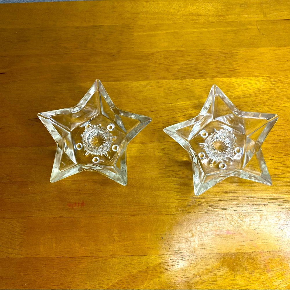 5 Point Star Candle Stick Holder Clear Pressed Thick Glass Set of 2 Home Decor
